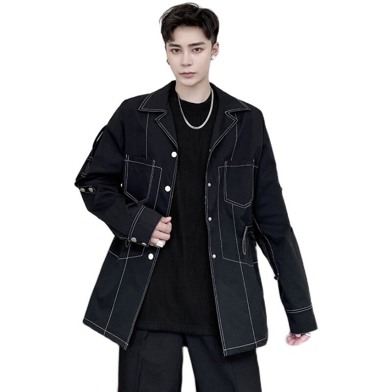新款2025秋冬明线装饰腰抽绳口袋韩版中长外套男A345-1220-P115,女装短外套,电商A345