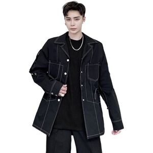 新款2025秋冬明线装饰腰抽绳口袋韩版中长外套男A345-1220-P115图片