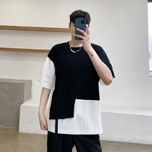 夏季黑暗个性黑白撞色不规则拼接休闲短袖男潮A345-1802-P55图片