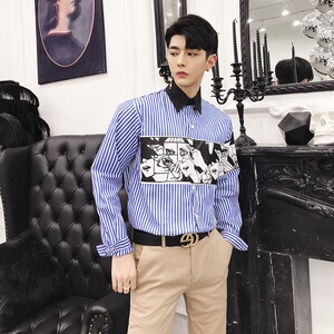2019个性气质印花衬衣兰竖条文艺范男衬衫A345-1007-P75图片