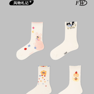 风物札记 点点猫袜子女中筒袜ins潮棉质日系可爱少女运动长袜