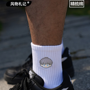 风物札记刺绣袜子男士中筒袜新疆棉长袜秋冬毛巾底运动袜短袜男生