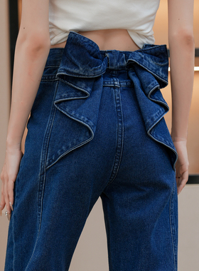 裤子2025新款今年流行爆款蝴蝶结蓝色直筒牛仔裤女高腰阔腿裤女