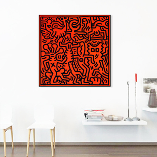 凯斯哈林挂画卡通潮牌涂鸦装饰画酒吧餐厅卧室大幅红色波普艺术画