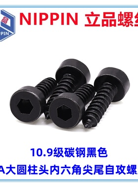 10.9级碳钢黑色HA光面大圆柱头大头内六角尖尾自攻螺丝M3.5M4M5M6