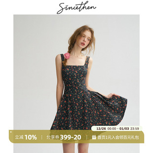 短裙小个子裙子女夏季 sincethen 短款 复古碎花吊带连衣裙无袖 法式