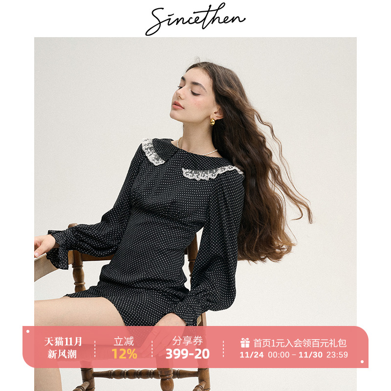 sincethen法式复古穿搭波点黑色连衣裙蕾丝裙子长袖小短裙女秋季
