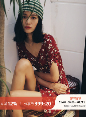 sincethen金智秀jisoo同款 复古碎花V领沙滩裙海边度假连衣裙短裙