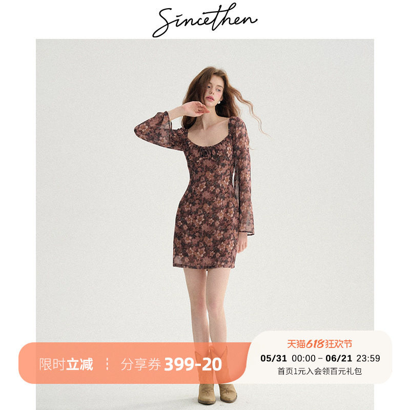 sincethen 法式风碎花裙长袖裙子早秋穿搭短裙小个子连衣裙女秋季