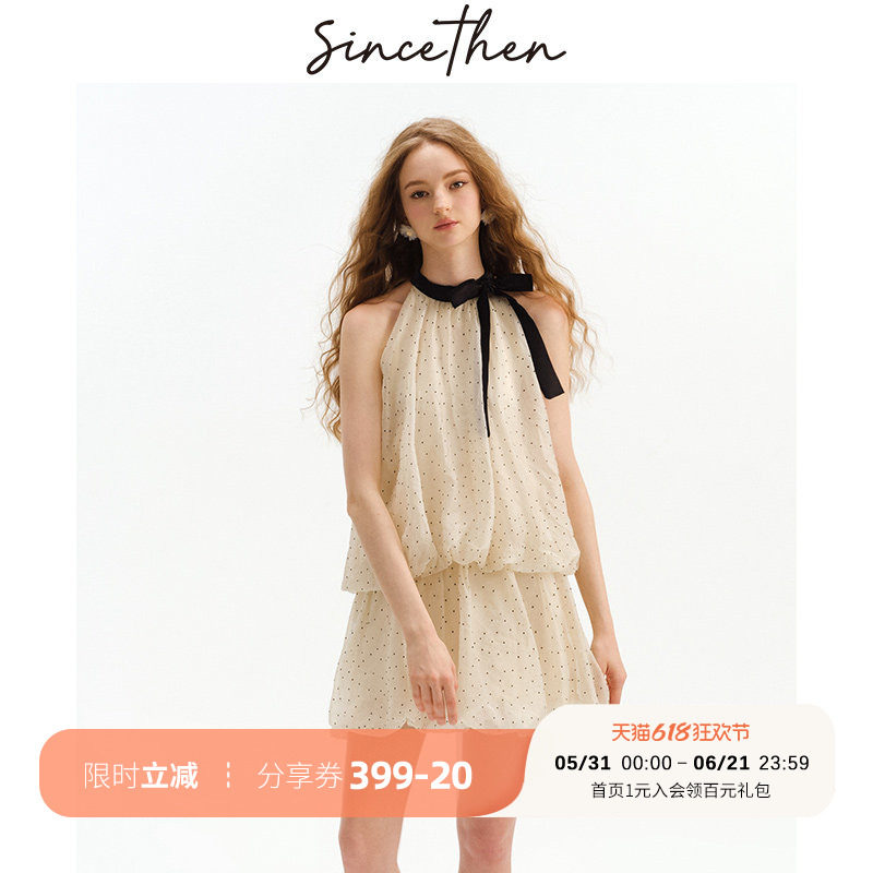 sincethen 法式挂脖连衣裙千金穿搭裙子露肩小短裙波点吊带裙女夏