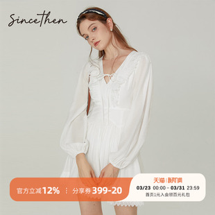 女 裙子春季 sincethen白色连衣裙小个子长袖 裙早春a字收腰短裙法式