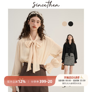 黑色小香风衬衣飘带雪纺上衣秋冬女 法式 sincethen 系带蝴蝶结衬衫