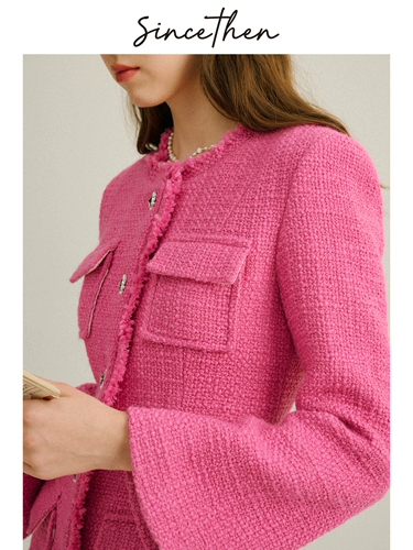 Длинная шерстяная юбка, розовый лонгслив, платье, французский стиль, средней длины, в стиле Шанель