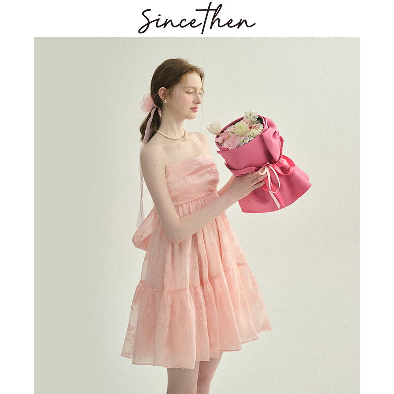 sincethen 法式粉色蛋糕裙夏生日仙女裙子度假风短款连衣裙女夏季