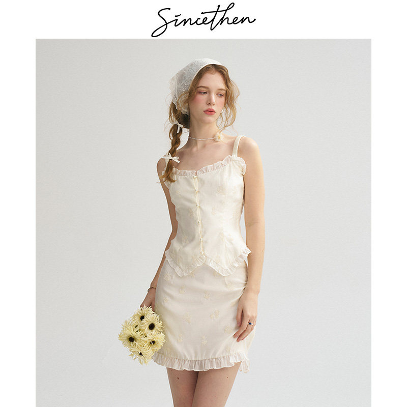 sincethen 巴黎恋人木耳边吊带半身裙两件套白色上衣短裙套裙女夏