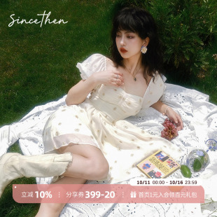 sincethen柔光之境法式 白色碎花连衣裙仙女气质裙子度假 泡泡袖