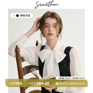 风穿搭飘带衬衣白色上衣女春季 法式 蝴蝶结系带雪纺衬衫 sincethen