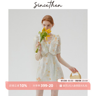 新款 sincethen 小裙子甜美短裙娃娃领连衣裙女夏季 法式 碎花裙短款