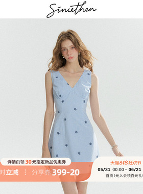 sincethen 法式吊带裙蓝色连衣裙碎花裙子度假风小个子短裙女夏季