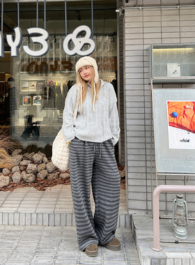 LTGIRL冬日大码百搭灰色格子阔腿裤女加厚保暖可收脚休闲裤松紧腰