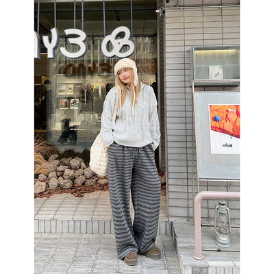 LTGIRL冬日大码百搭灰色格子阔腿裤女加厚保暖可收脚休闲裤松紧腰