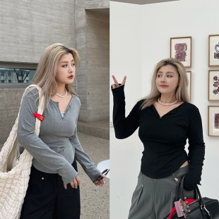 LTGIRL基础款美貌v领打底衫女薄款内搭长袖春夏韩版修身纯色t恤