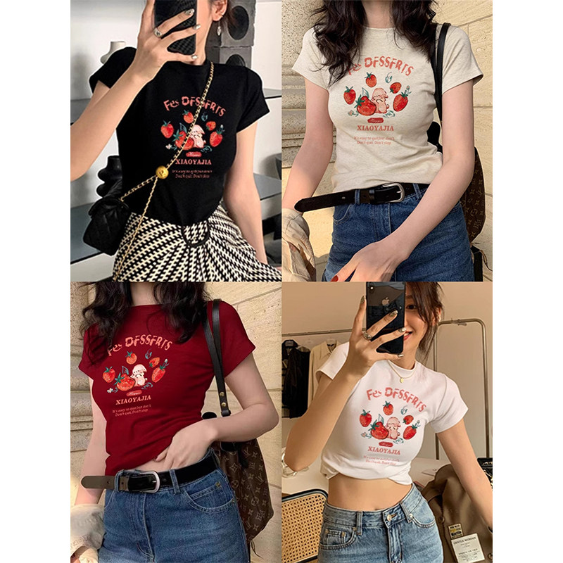 LTGIRL大码美式复古正肩卡通草莓小兔短袖t恤女夏季休闲百搭上衣图片