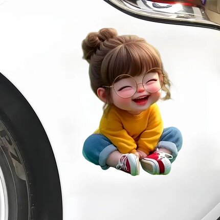 微笑女孩贴纸可爱汽车身划痕遮挡个性创意防水电动车摩托贴画贴纸
