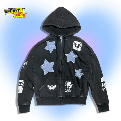 美式复古做旧拉链连帽卫衣男女款