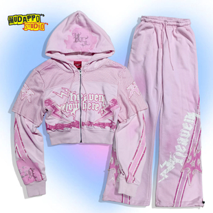 量少美国单做旧朋克骷髅废土风辣妹假两件运动连帽外套休闲裤 套装