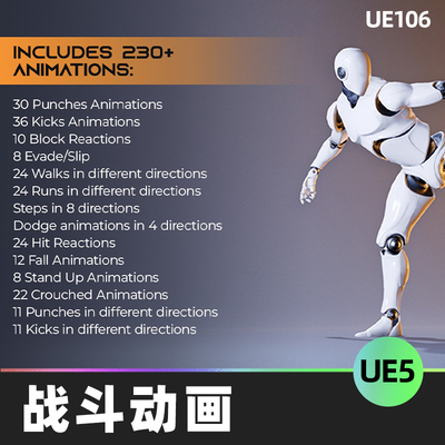 Fight Animations Pack战斗动画UE5躲避滑倒虚幻引擎奔跑行走蹲伏