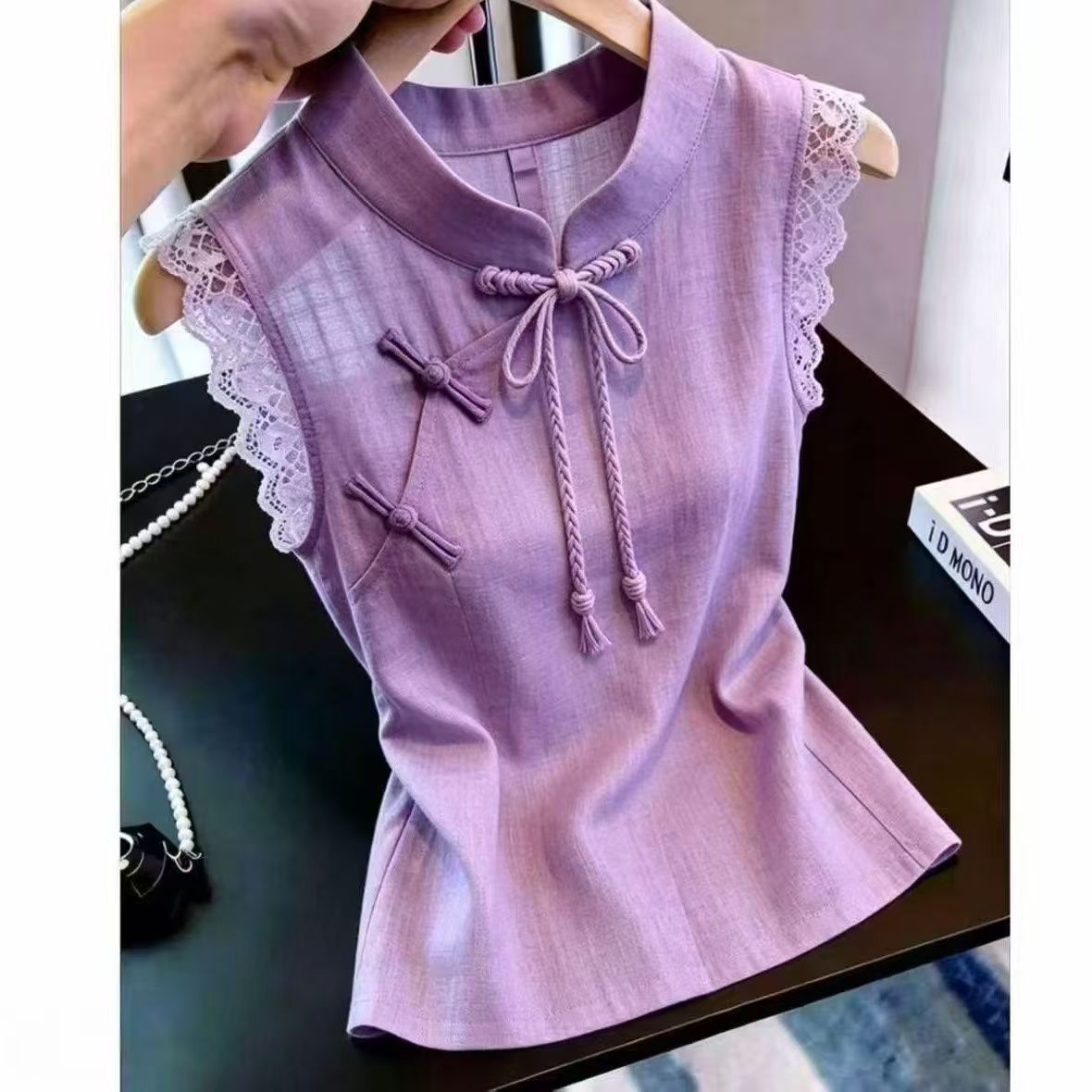 2026新款夏季优雅风紫色立领盘扣无袖上衣女蕾丝花边气质温婉时尚