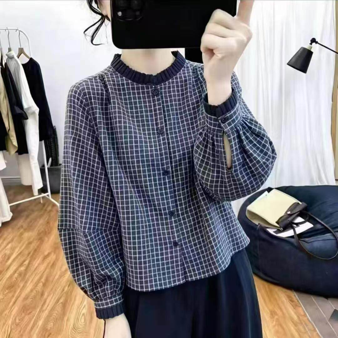 2026秋季新款格子衬衫女灯笼袖减龄显瘦百搭设计感气质女装上衣女