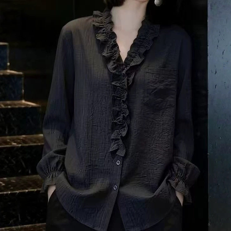 黑色荷叶边衬衫女士早秋新款轻奢高级感减龄宽松休闲显瘦V领上衣