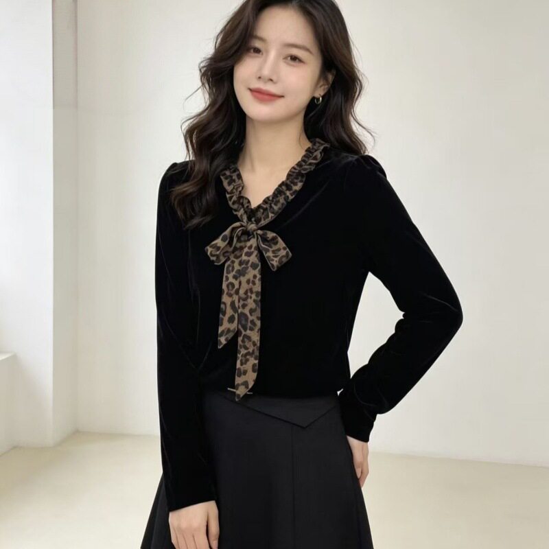 新款V领系带豹纹小衫显瘦百搭洋气时尚设计感长袖T恤女气质打底衫