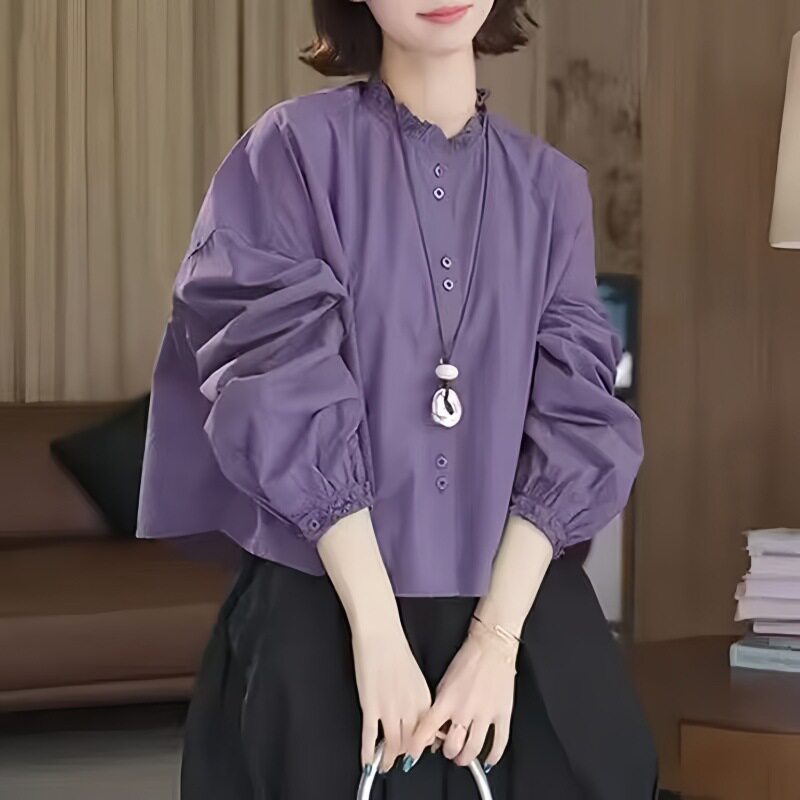 2026年新款高级感圆领长袖衬衫女宽松显瘦洋气百搭上衣秋季衬衣女