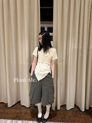 Rosy Oasis夏上新韩版小清新假两件挂脖系带荷叶边短袖T恤  5S392