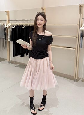 ANYMORE韩女氛围感纱裙百搭温柔腰头抽绳可调节短款半身裙  L1171