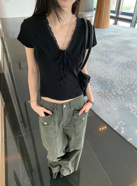 TABLE新款韩系甜酷V领T恤蕾丝花边系带显瘦性感纯欲上衣小衫61433