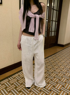TABLE韩系松弛感亚麻阔腿裤慵懒风薄款透气松紧腰休闲裤 36701
