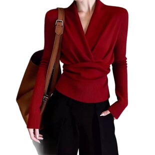 2026新款红色V领交叉针织衫 法式轻熟风收腰显瘦洋气百搭通勤上衣