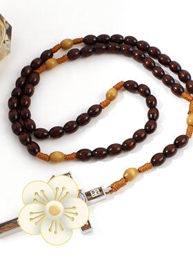 手工深咖木珠十字架男项链