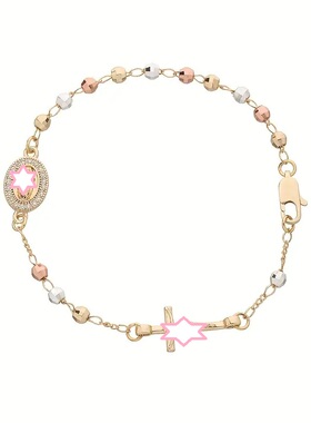 保色铜十字架镶钻珠链女手链