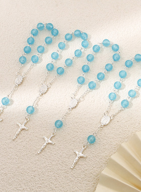 蓝色夜光珠十字架手链