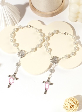 金银色花边玻璃仿珍珠十字架手链