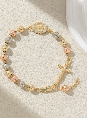 彩色带钻十字架念珠波西米亚手链