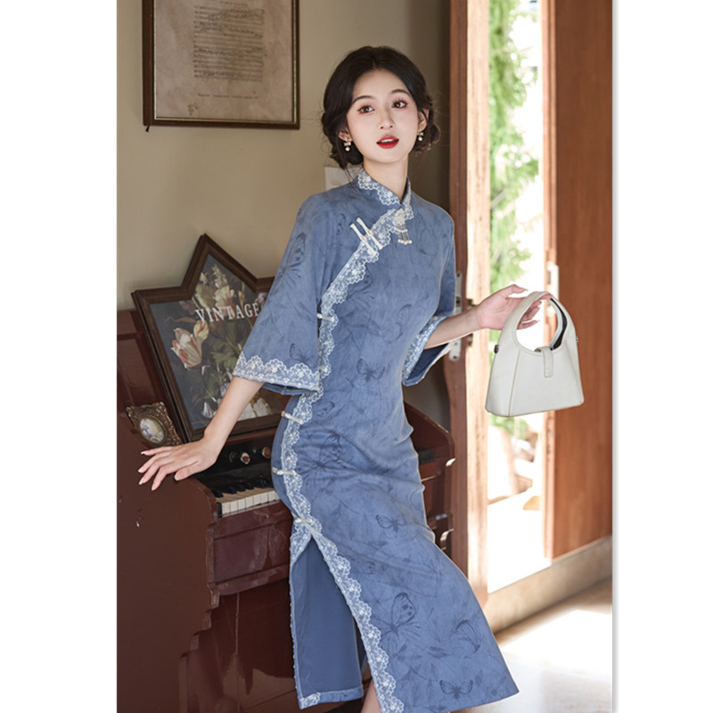 麂皮绒倒大袖旗袍秋冬新款时尚改良新中式年轻女士日常旗袍裙优雅