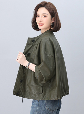 皮衣女款新款立领休闲酷飒风短款初秋减龄绿色机车皮夹克外套高级