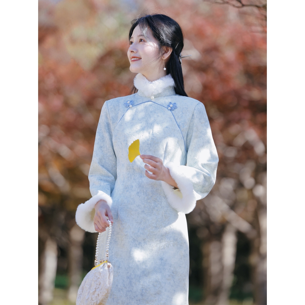 复古文艺《卷舒 》秋冬长袖改良加绒旗袍女日常年轻款连衣裙高级