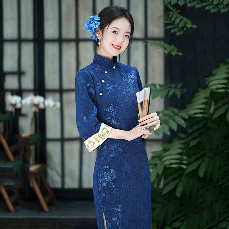 蓝色国风新中式长款秋季七分袖旗袍改良年轻款女复古修身收腰春秋